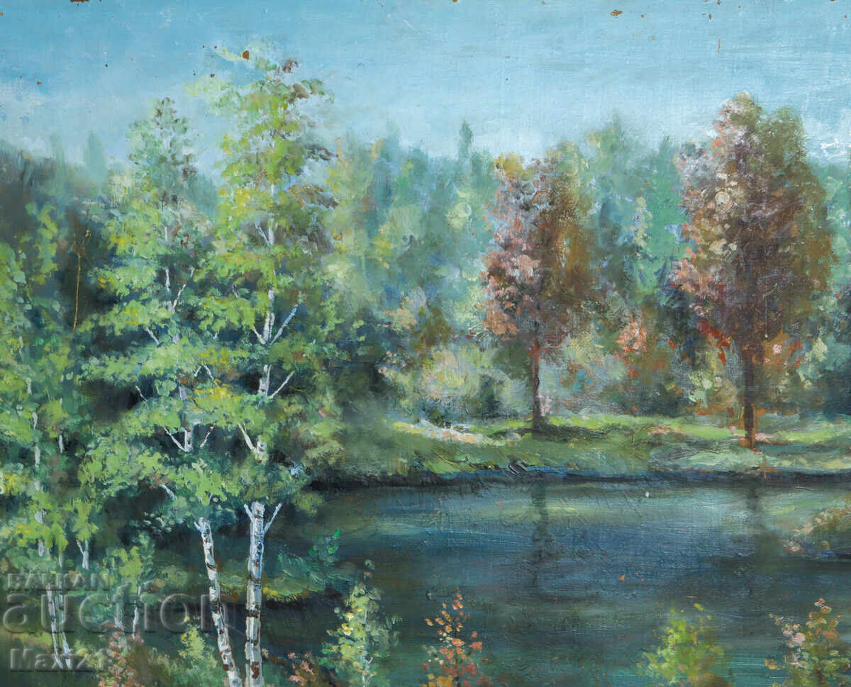 Παράδοση Έργο ζωγραφικής με λάδι τοπίο ορεινή λίμνη 1989