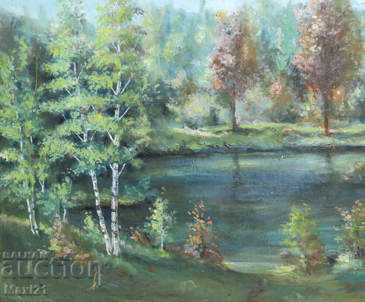 Έργο ζωγραφικής με λάδι τοπίο ορεινή λίμνη 1989 - 5