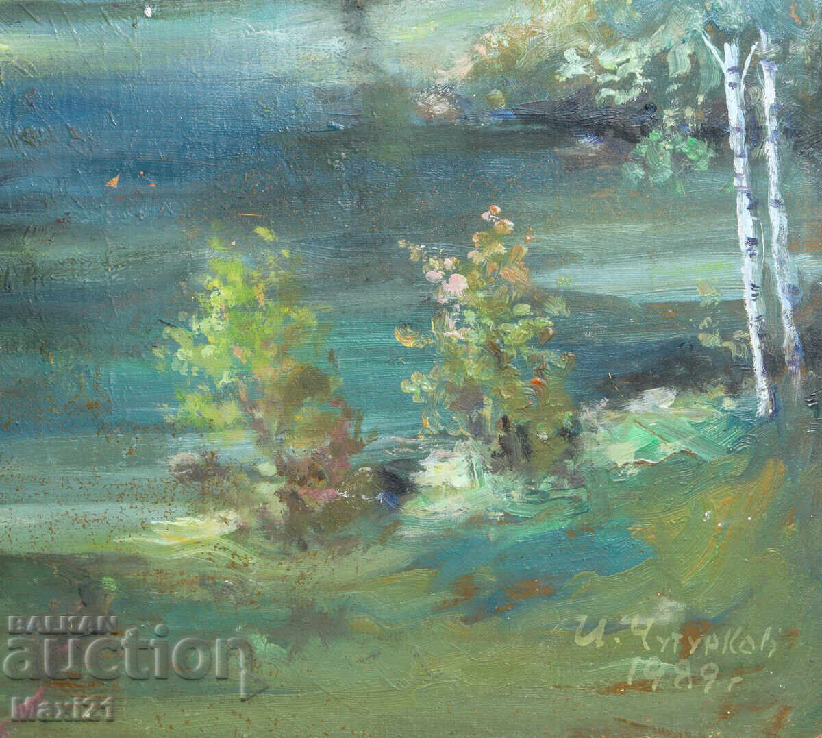 Έργο ζωγραφικής με λάδι τοπίο ορεινή λίμνη 1989 - 6