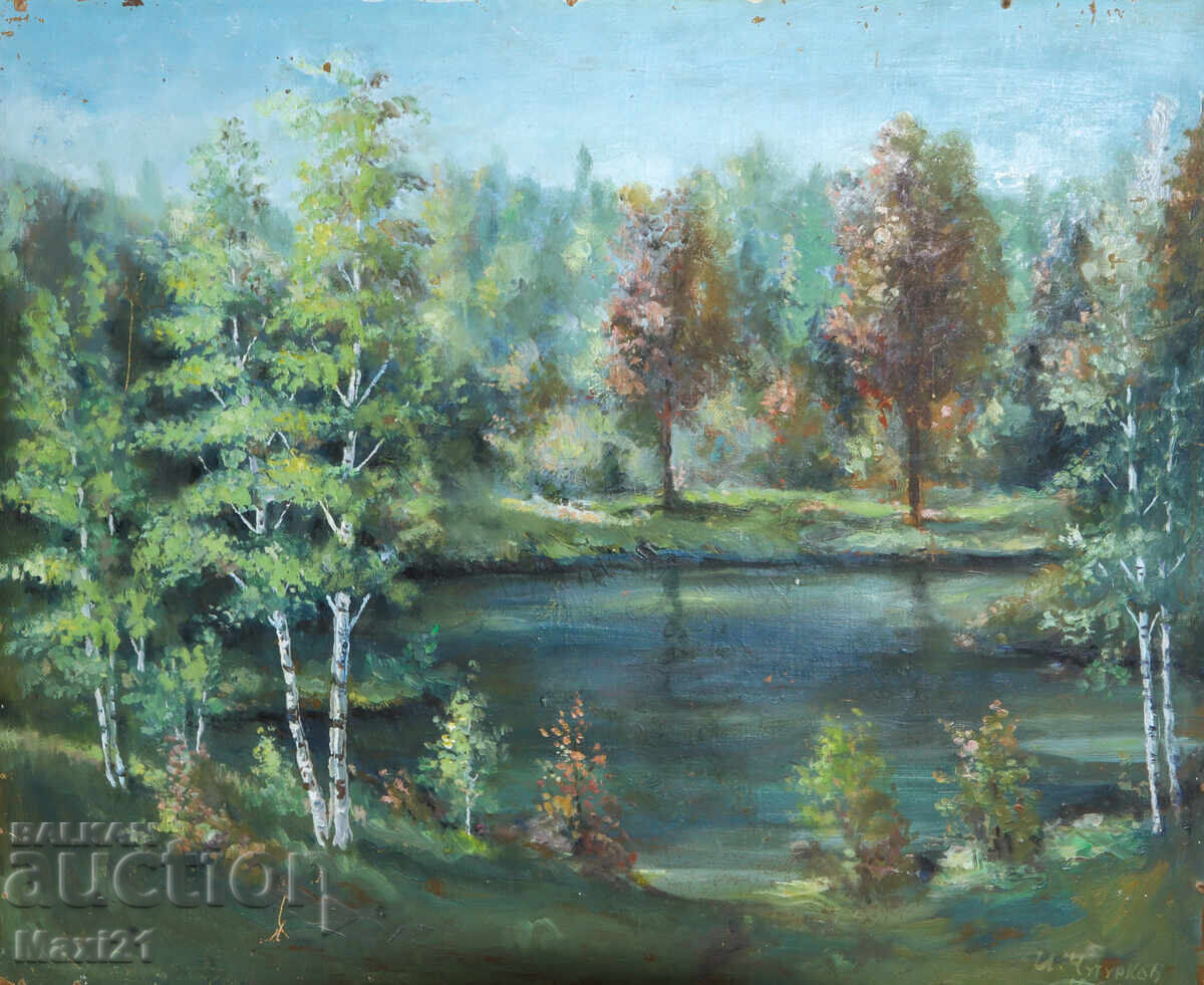 Έργο ζωγραφικής με λάδι τοπίο ορεινή λίμνη 1989