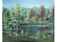 Tablou ulei peisaj lac montan 1989