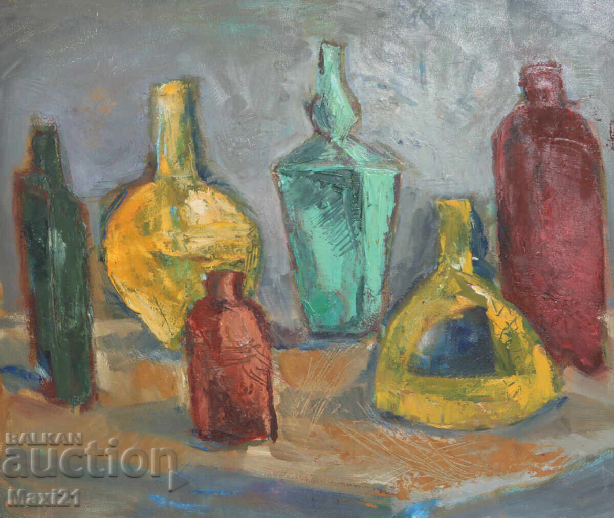 Auction  Oil painting still life bottles