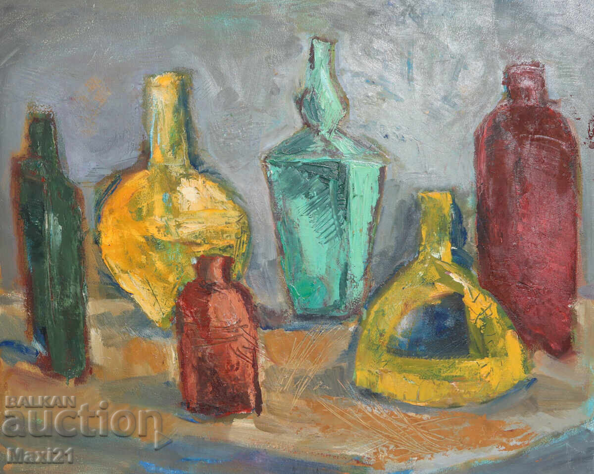 Oil painting still life bottles