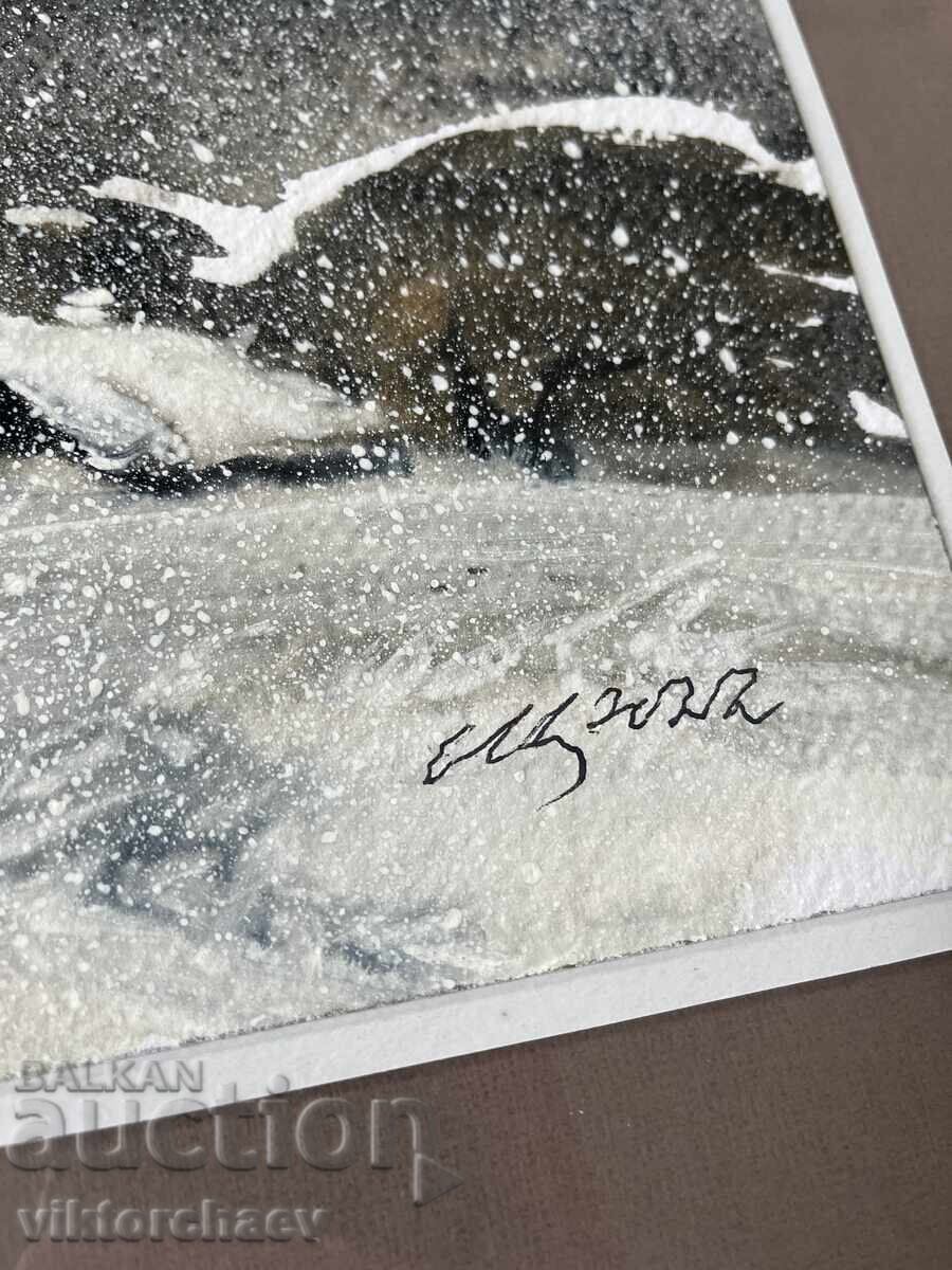 Σάβα Τσονόφσκι πίνακας - Χειμωνιάτικο τοπίο ακουαρέλα 2022 με τιμή 170.00 BGN | € 86.92