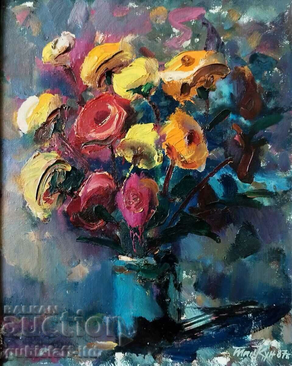 Painting "Vase with Flowers" 1987, art. Tancho Kunev (1930-2010) with price 1200.00 BGN | € 613.55