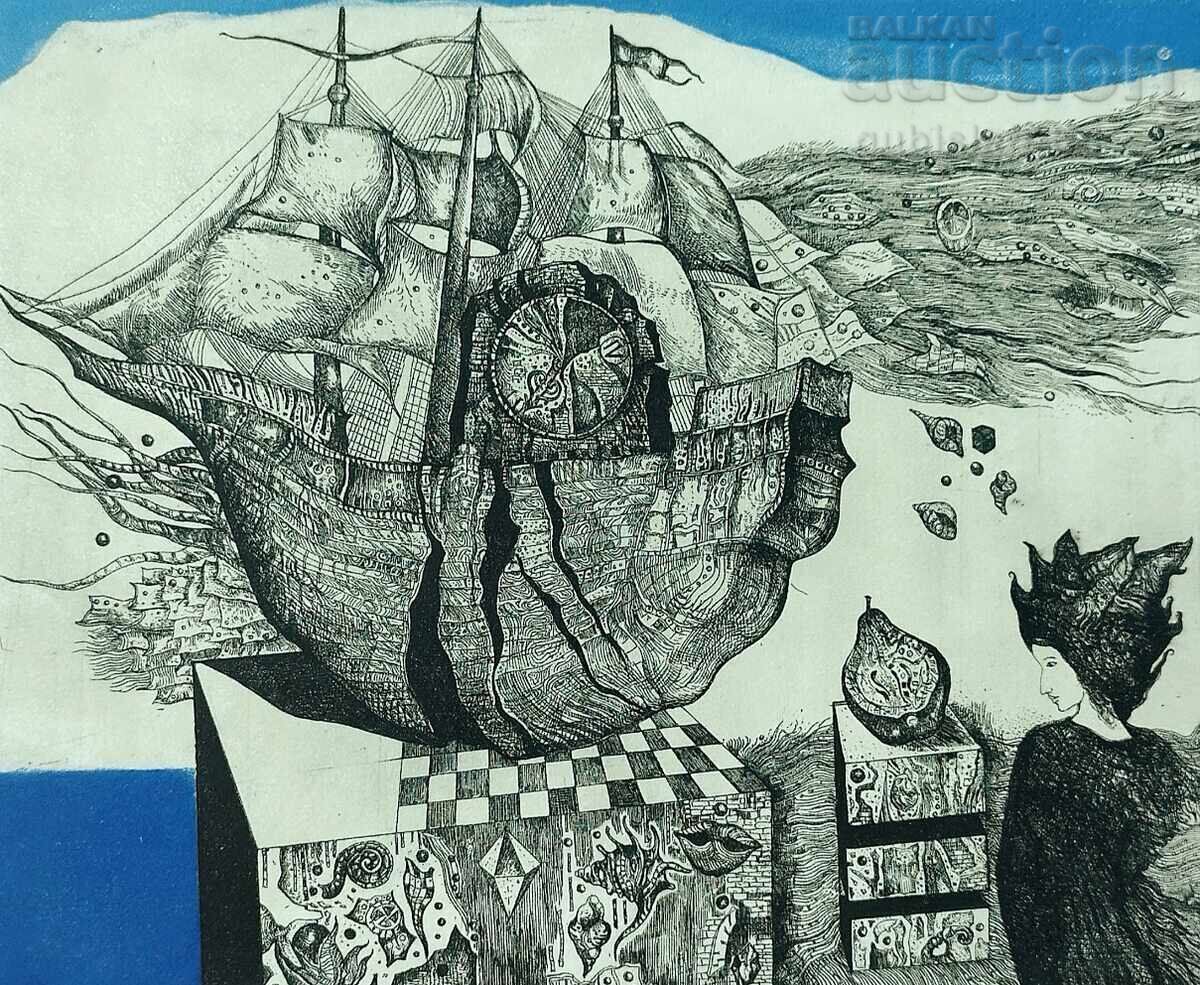 Картина, графика "Летящият холандец", худ. Д. Стоилова, 1997 с цена € 250.00 | 488.96 лв. Картина, графика "Летящият холандец", худ. Д. Стоилова, 1997 с цена € 250.00 | 488.96 лв.