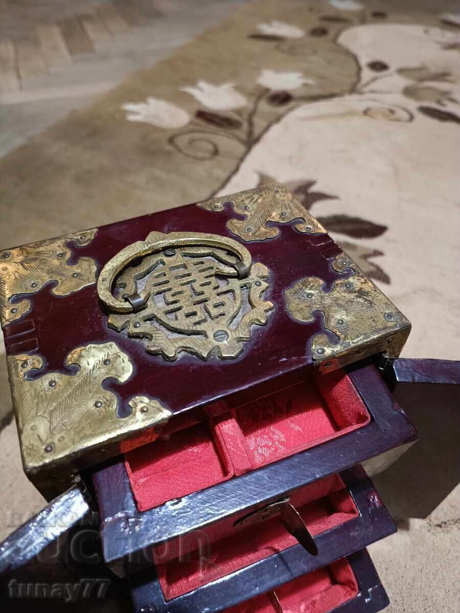 Cutie de bijuterii orientală vintage cu jad și panouri - 5