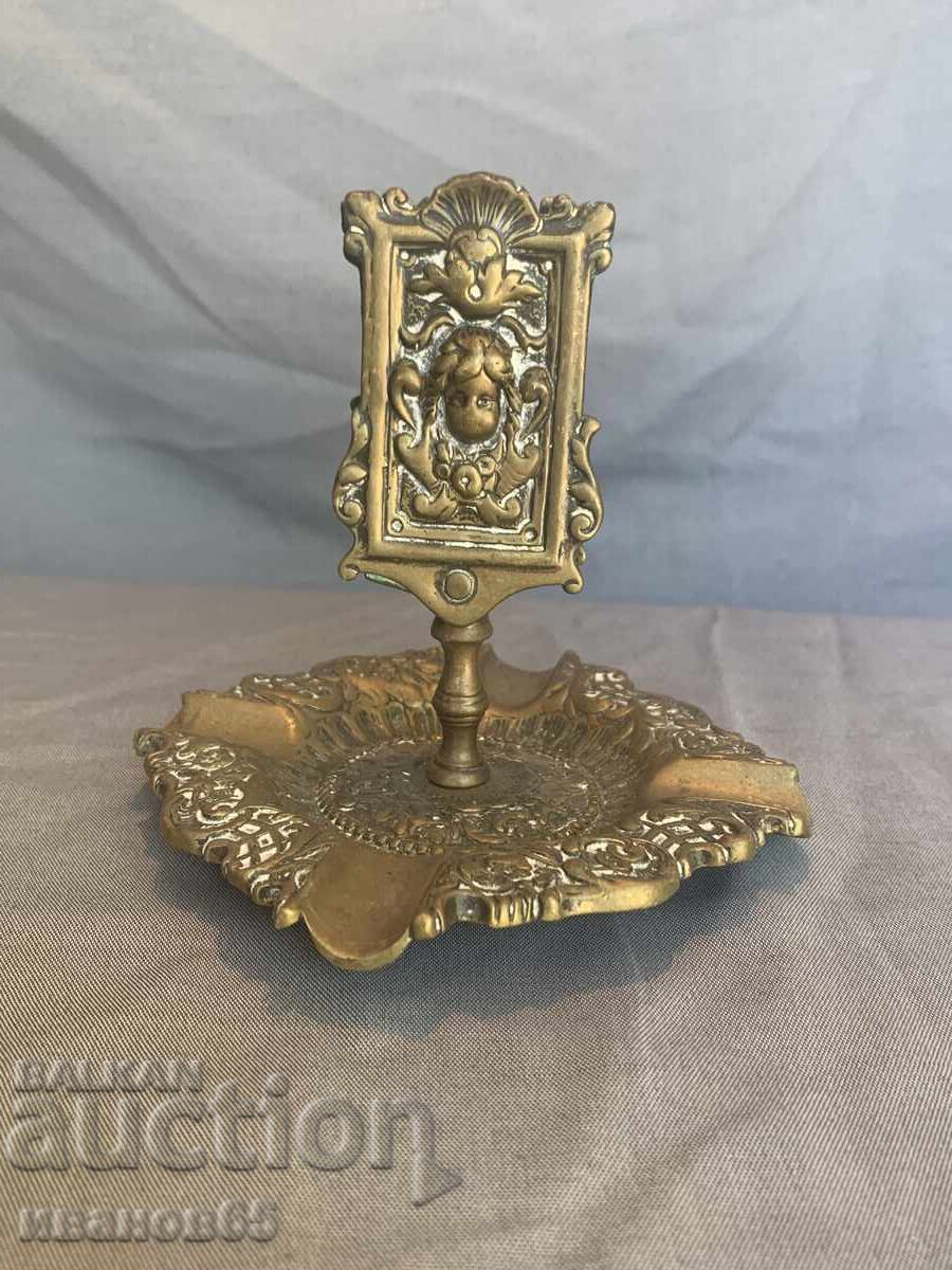 Brass ashtray with matchbox holder with decoration Brass ashtray with matchbox holder with decoration