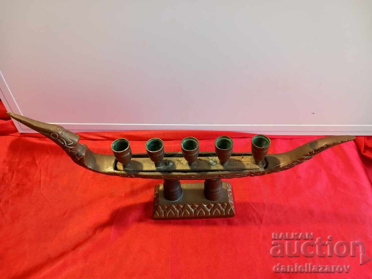 Auction  Dragon Gondola Old Bronze Statue - Candlestick