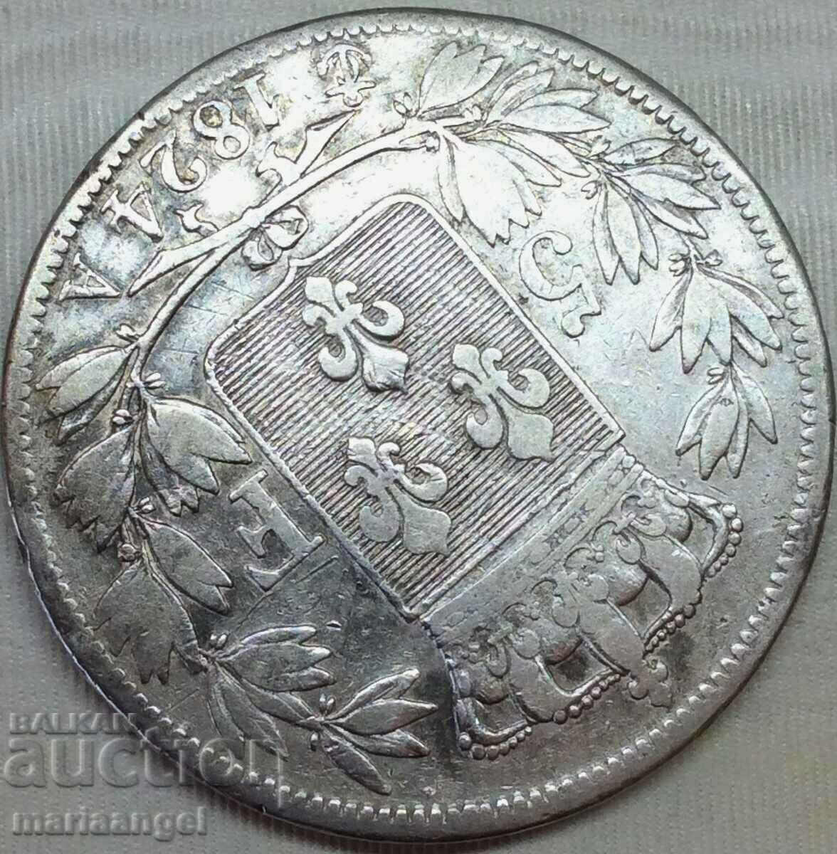 Аукцион 5 франка 1824 Франция А - Париж - рядък минт - сребро Аукцион 5 франка 1824 Франция А - Париж - рядък минт - сребро