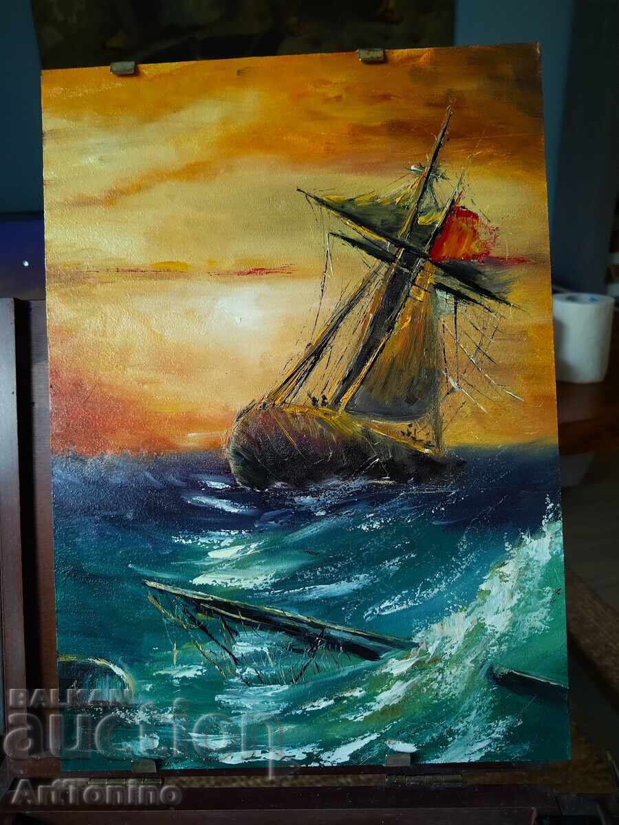 Ελαιογραφία - Μαρινισμός, θαλασσινό τοπίο - Πλοίο αλά Αϊβαζόφσκι με τιμή 11.00 BGN | € 5.62
