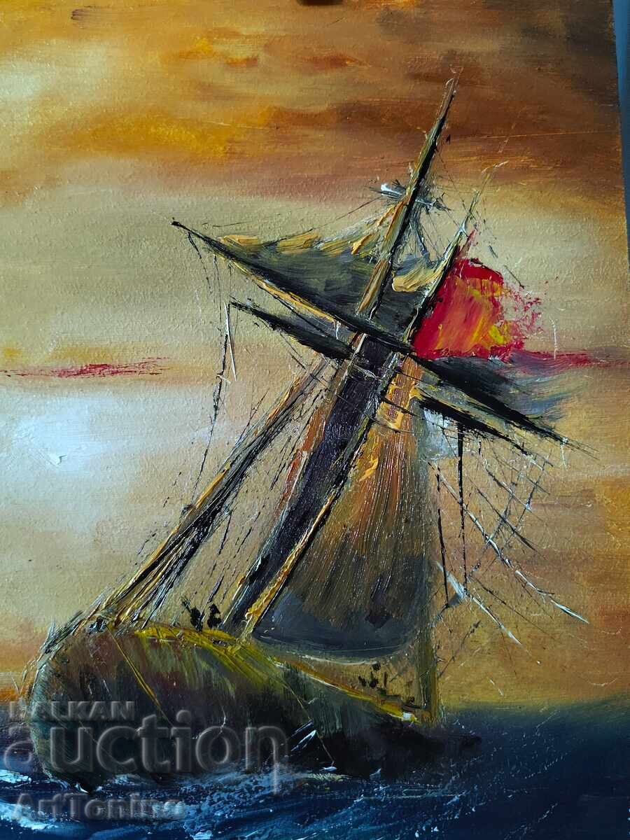 Παράδοση Ελαιογραφία - Μαρινισμός, θαλασσινό τοπίο - Πλοίο αλά Αϊβαζόφσκι