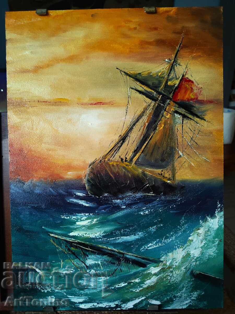 Ελαιογραφία - Μαρινισμός, θαλασσινό τοπίο - Πλοίο αλά Αϊβαζόφσκι - 5