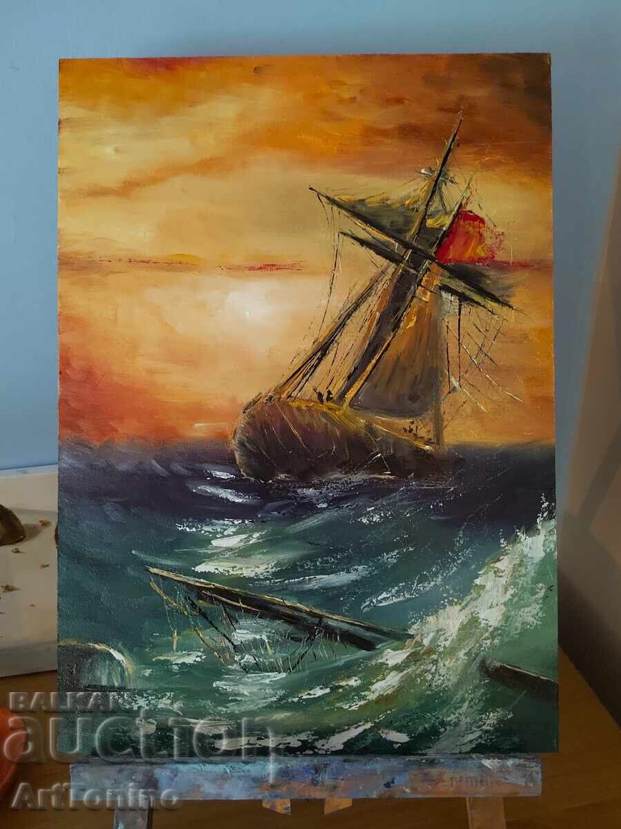 Ελαιογραφία - Μαρινισμός, θαλασσινό τοπίο - Πλοίο αλά Αϊβαζόφσκι