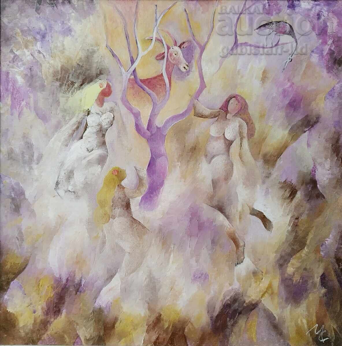 Painting "Samodivi", artist Milcho Spasov (1950-2023), 60x60 cm with price 2300.00 BGN | € 1175.97