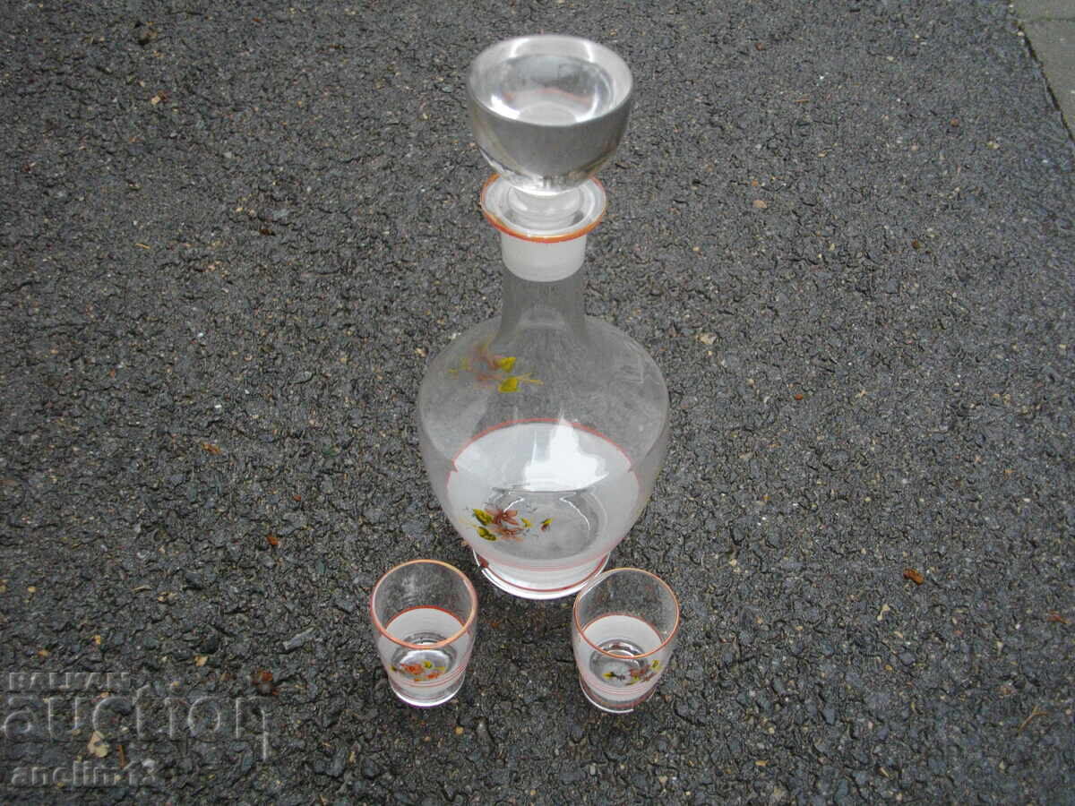 SERVICIU DE STICLĂ PICTAT MANUAL, CARAFĂ CU DOUĂ PAHARE PENTRU RĂCHIU SERVICIU DE STICLĂ PICTAT MANUAL, CARAFĂ CU DOUĂ PAHARE PENTRU RĂCHIU