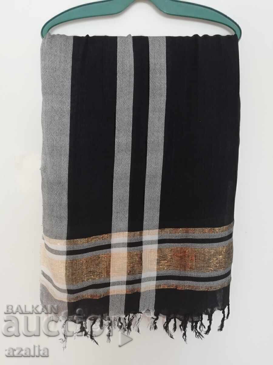 Auction  Large black scarf with fringe and light gray stripes