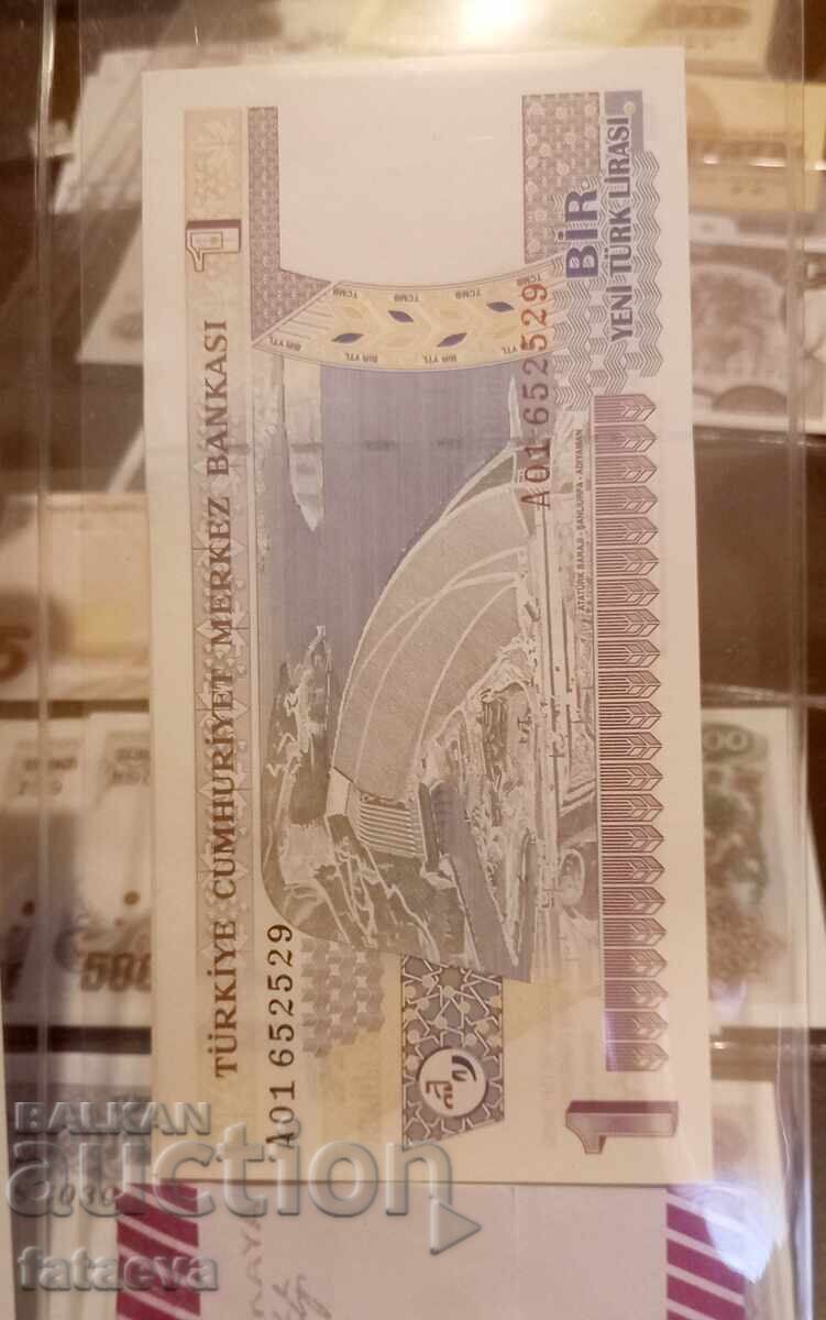 Turkish Banknote 1 YTL 2005, series A01, Rare with price 9.00 BGN | € 4.60