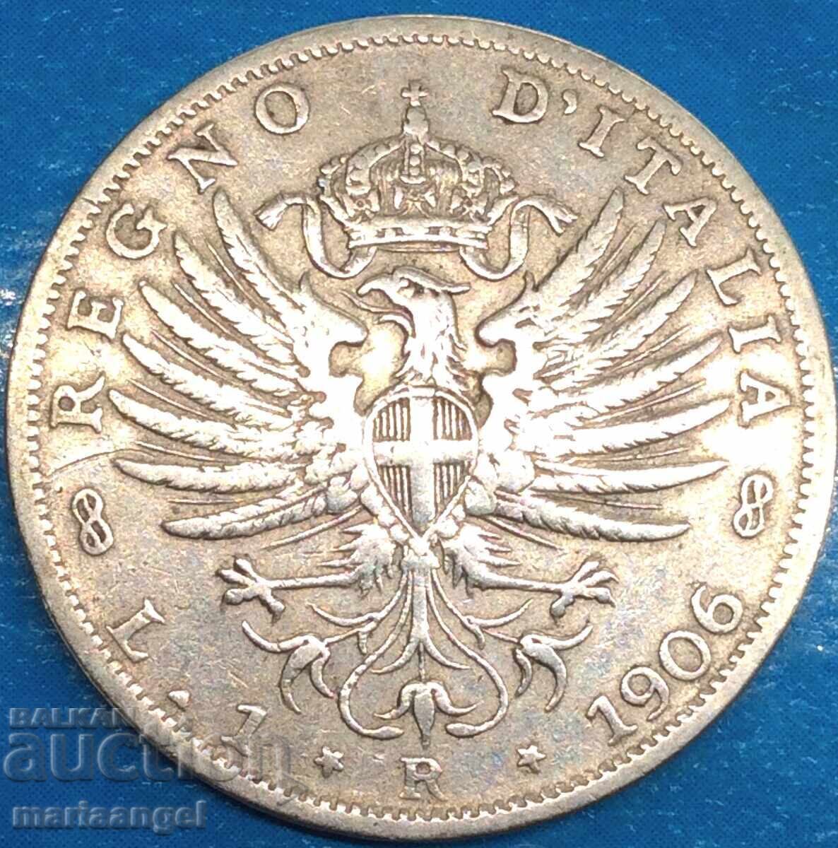 1 Лира 1906 Италия Савойя Виктор Емануил III сребро - 5