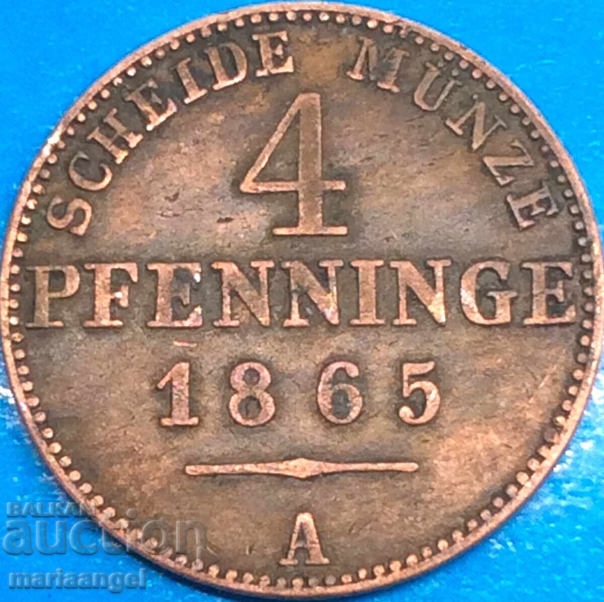 4 Pfennig 1865 Prussia Germany Large Copper - Rare
