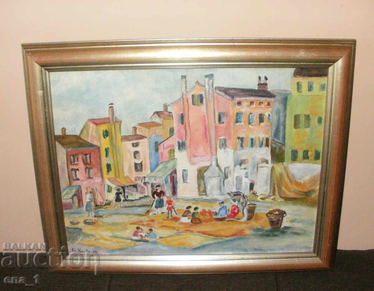 Βελγική ελαιογραφία Πλατείας στο Béguinage de Lierre