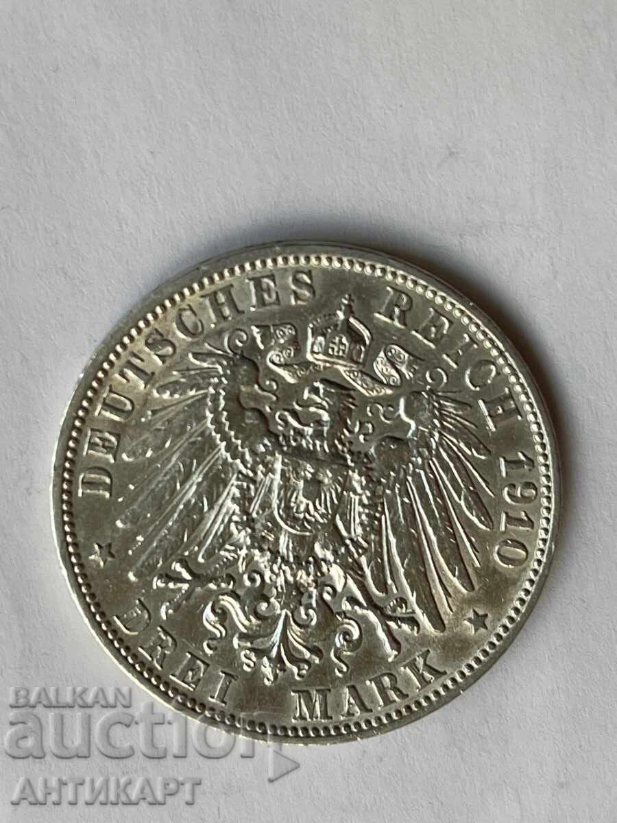 Row of silver coins 3 marks 1910 Germany Württemberg with price 66.00 BGN | € 33.75