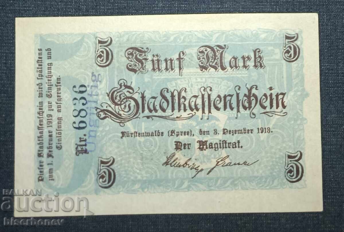Germania, Germania, Fürstenwalde 5 mărci, 1918, UNC