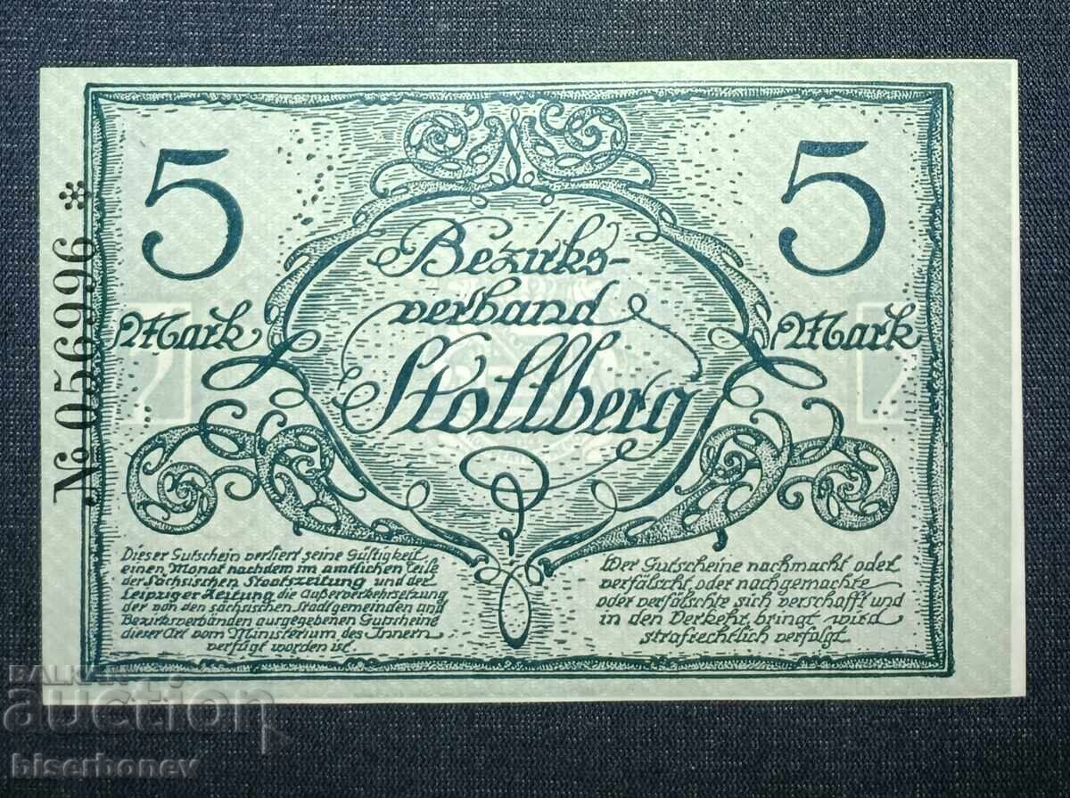 Germany, Германия, Столберг 5 марки ,1918 г, UNC с цена 14.00 лв. | € 7.16 Germany, Германия, Столберг 5 марки ,1918 г, UNC с цена 14.00 лв. | € 7.16