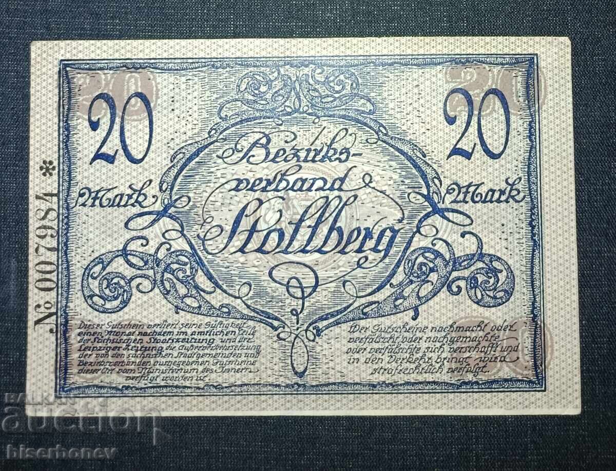 Germany, Германия, Столберг 20 марки ,1918 г, аUNC с цена 13.00 лв. | € 6.65