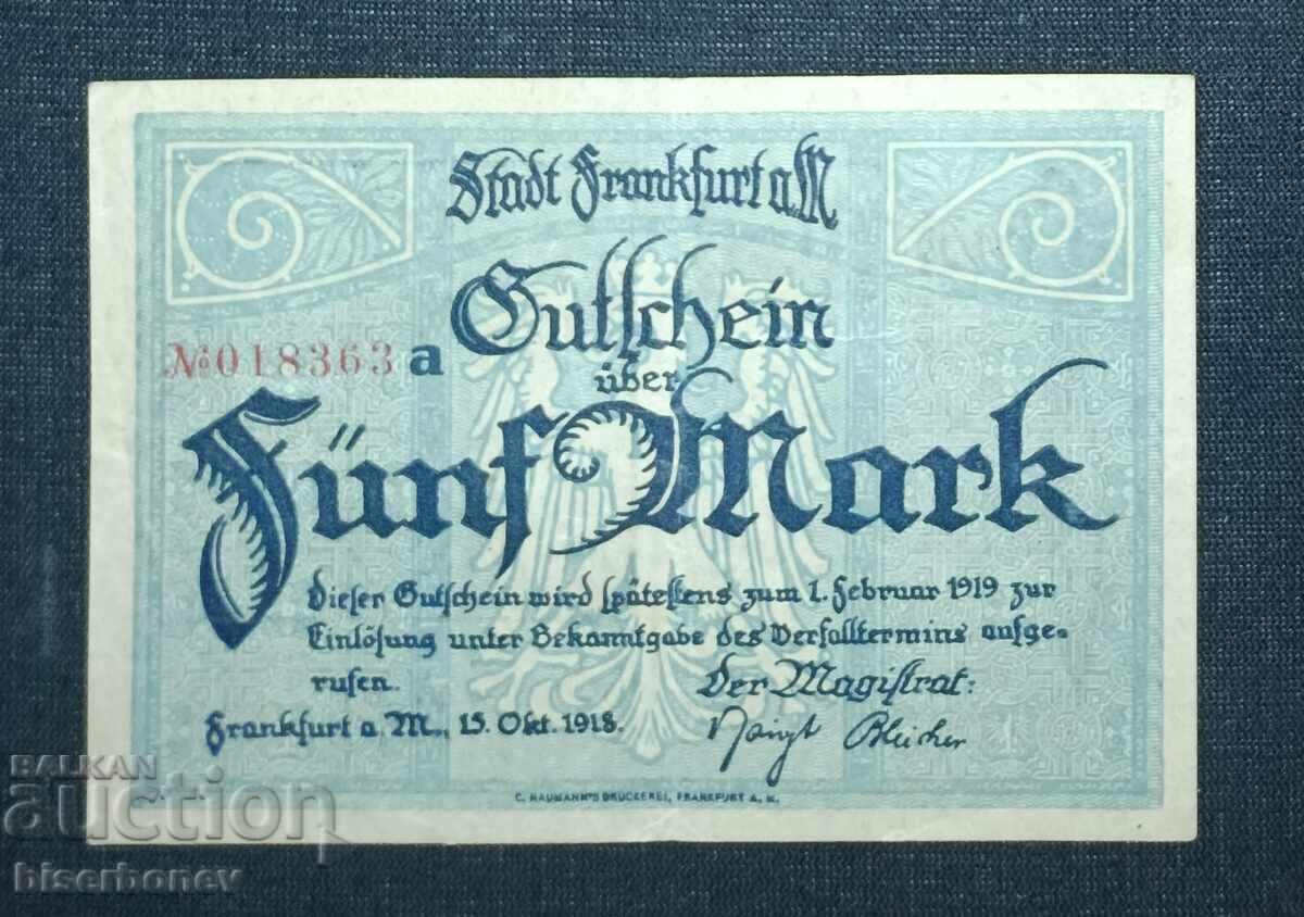 Germany, Frankfurt am Main 5 Mark, 1918, XF