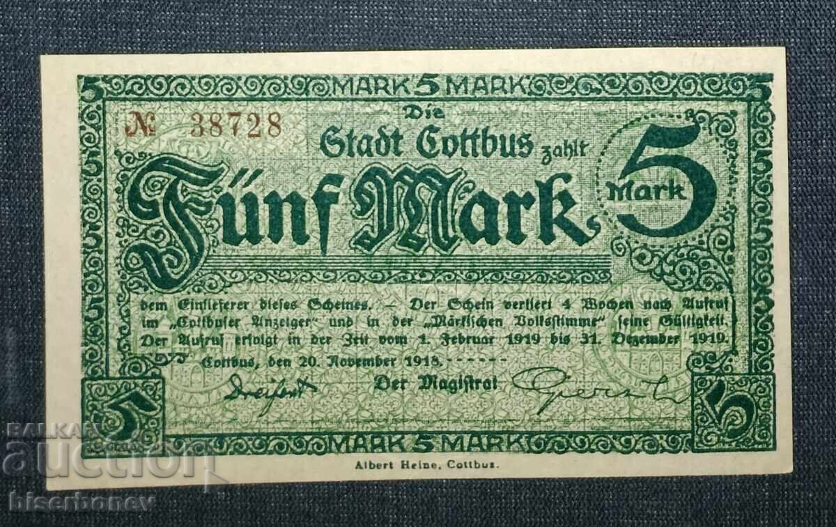 Germania, Germania, Cottbus 5 mărci, 1918, UNC