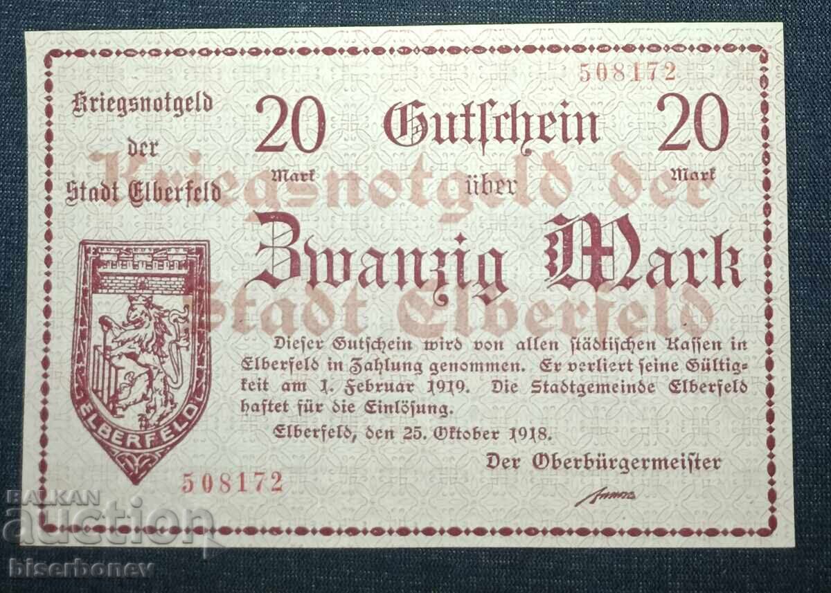 Γερμανία, Γερμανία, Έλμπερφελντ 20 μάρκα, 1918, UNC-1 Γερμανία, Γερμανία, Έλμπερφελντ 20 μάρκα, 1918, UNC-1