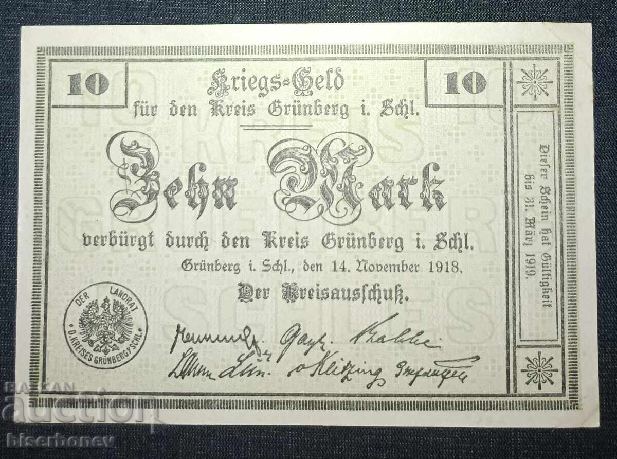 Germany, Germany, Grünberg 10 Mark, 1918, aUNC Germany, Germany, Grünberg 10 Mark, 1918, aUNC