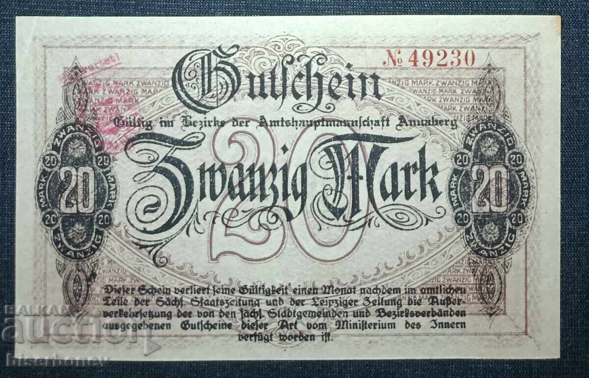 Germania, Germania, Annaberg 20 mărci, 1918, UNC-1 cu preț 15.00 BGN | € 7.67