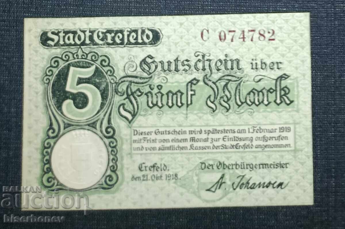 Germany, Krefeld 5 Marks, 1918, UNC