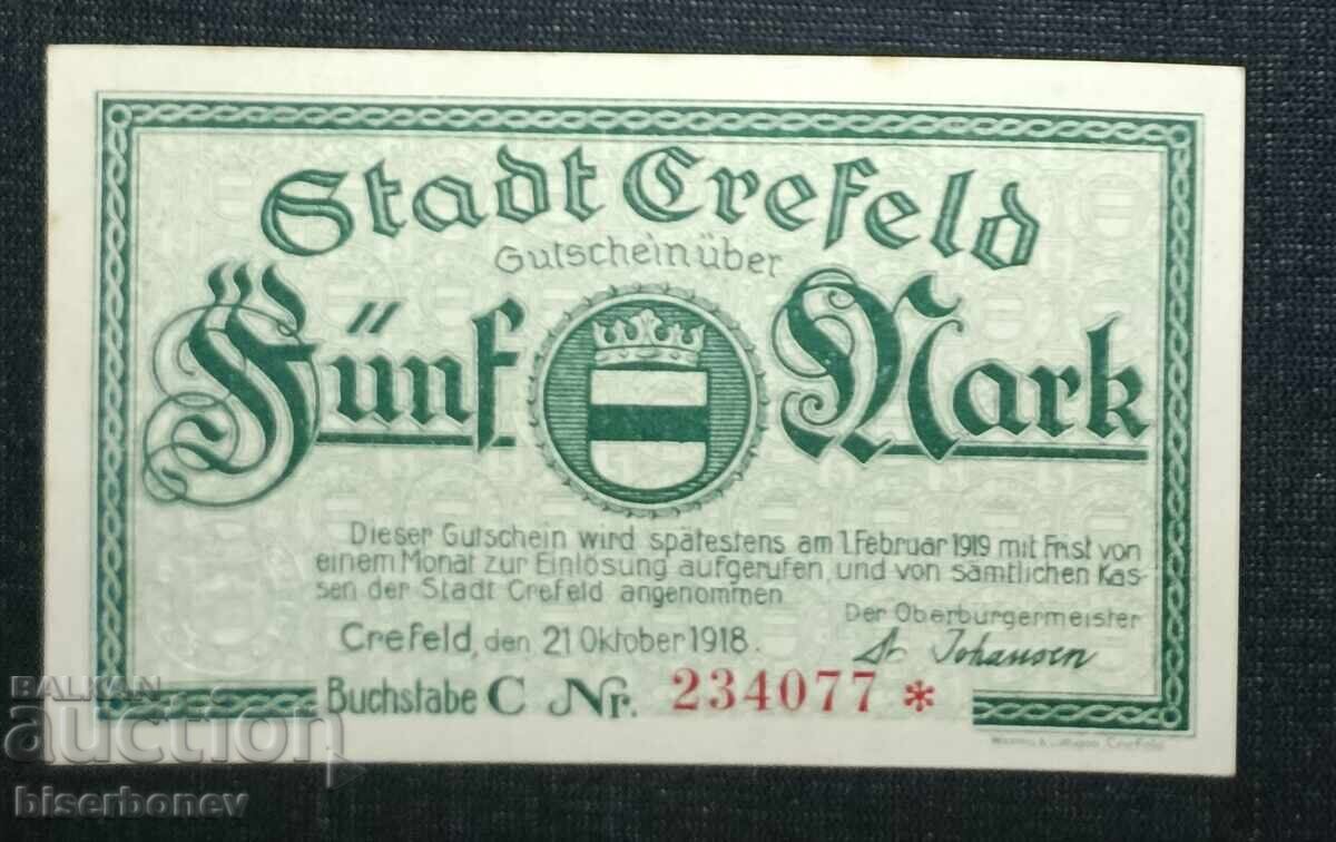 Germany, Германия, Крефелд 5 марки ,1918 г, UNC