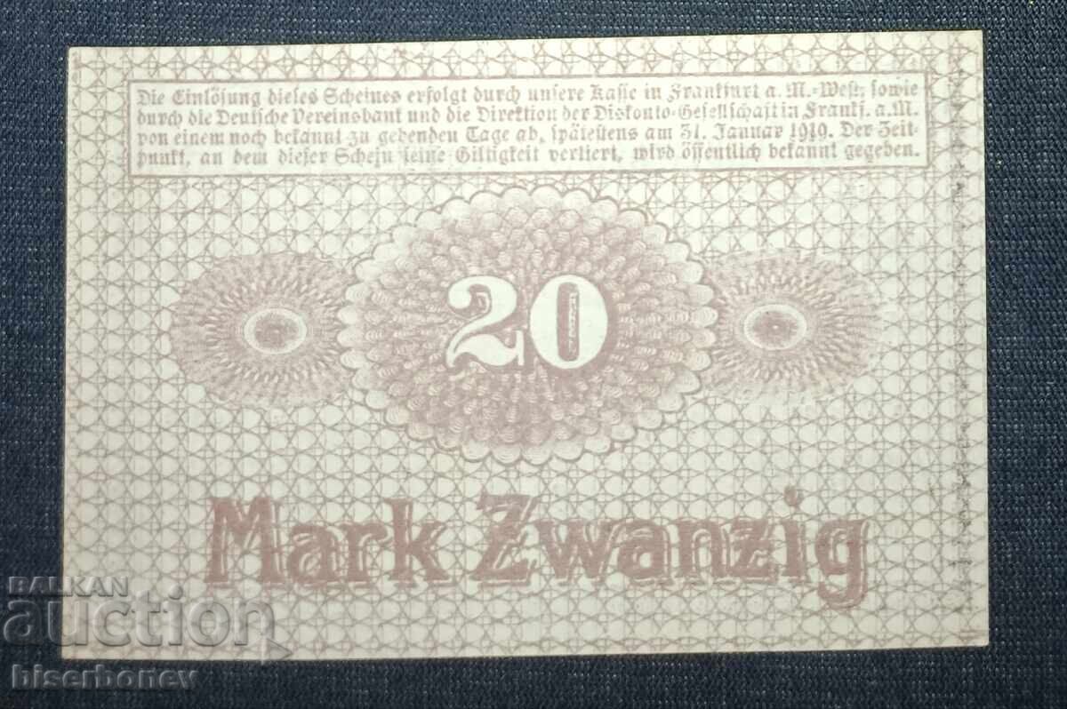 Germany, Frankfurt am Main 20 Mark, 1918, UNC with price 14.00 BGN | € 7.16