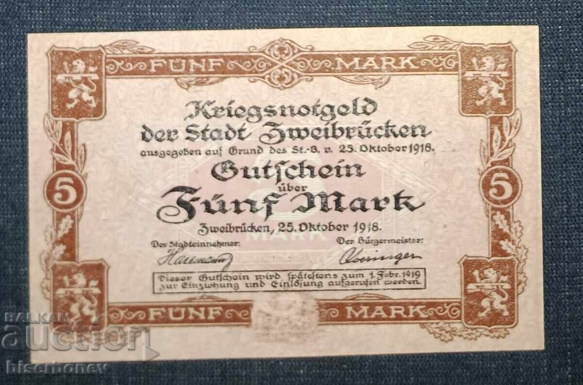 Germany, Германия, Цвайбрюкен 5 марки ,1918 г, UNC Germany, Германия, Цвайбрюкен 5 марки ,1918 г, UNC