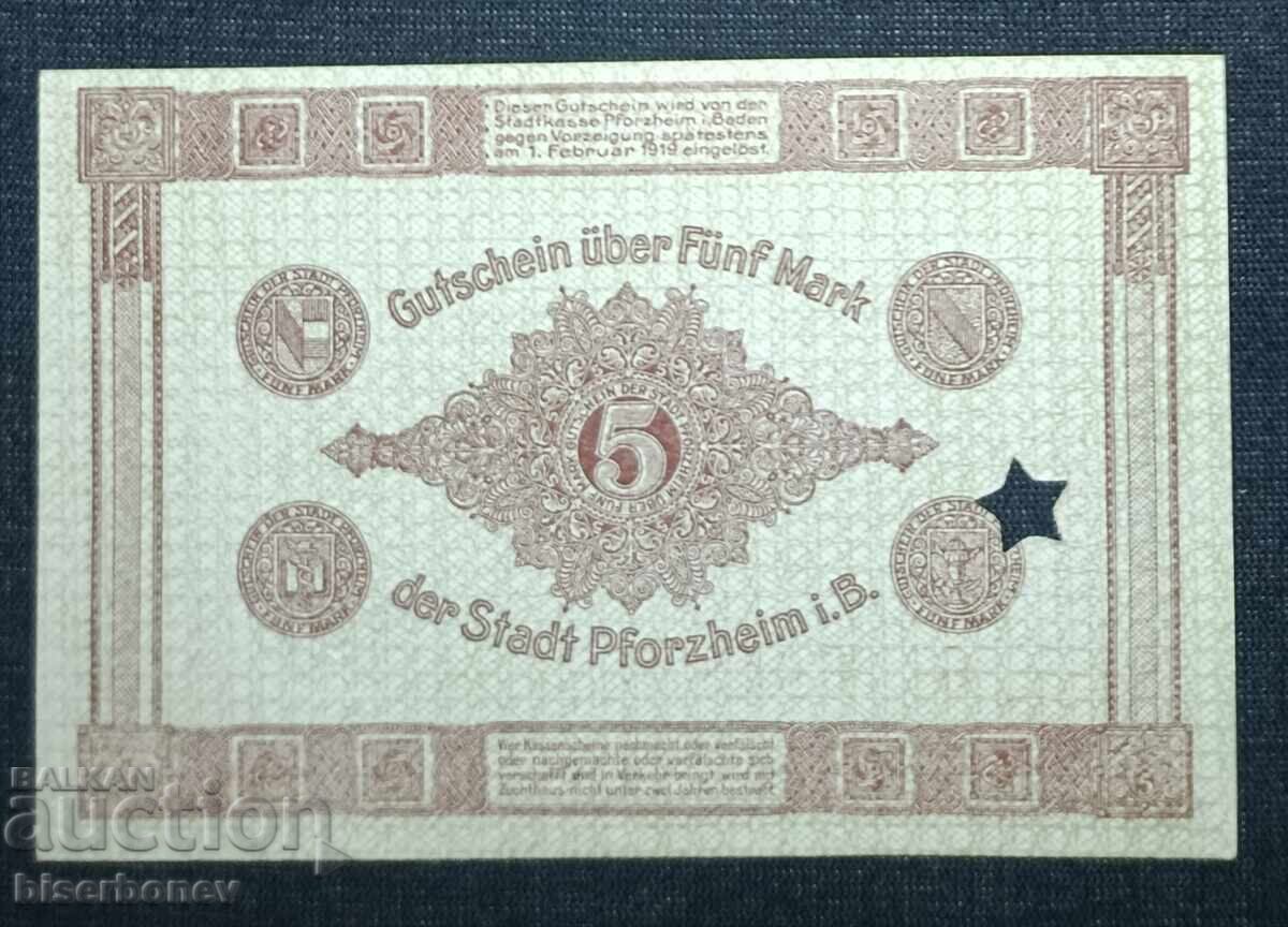 Germany, Pforzheim 5 Mark, 1918, UNC with price 11.00 BGN | € 5.62