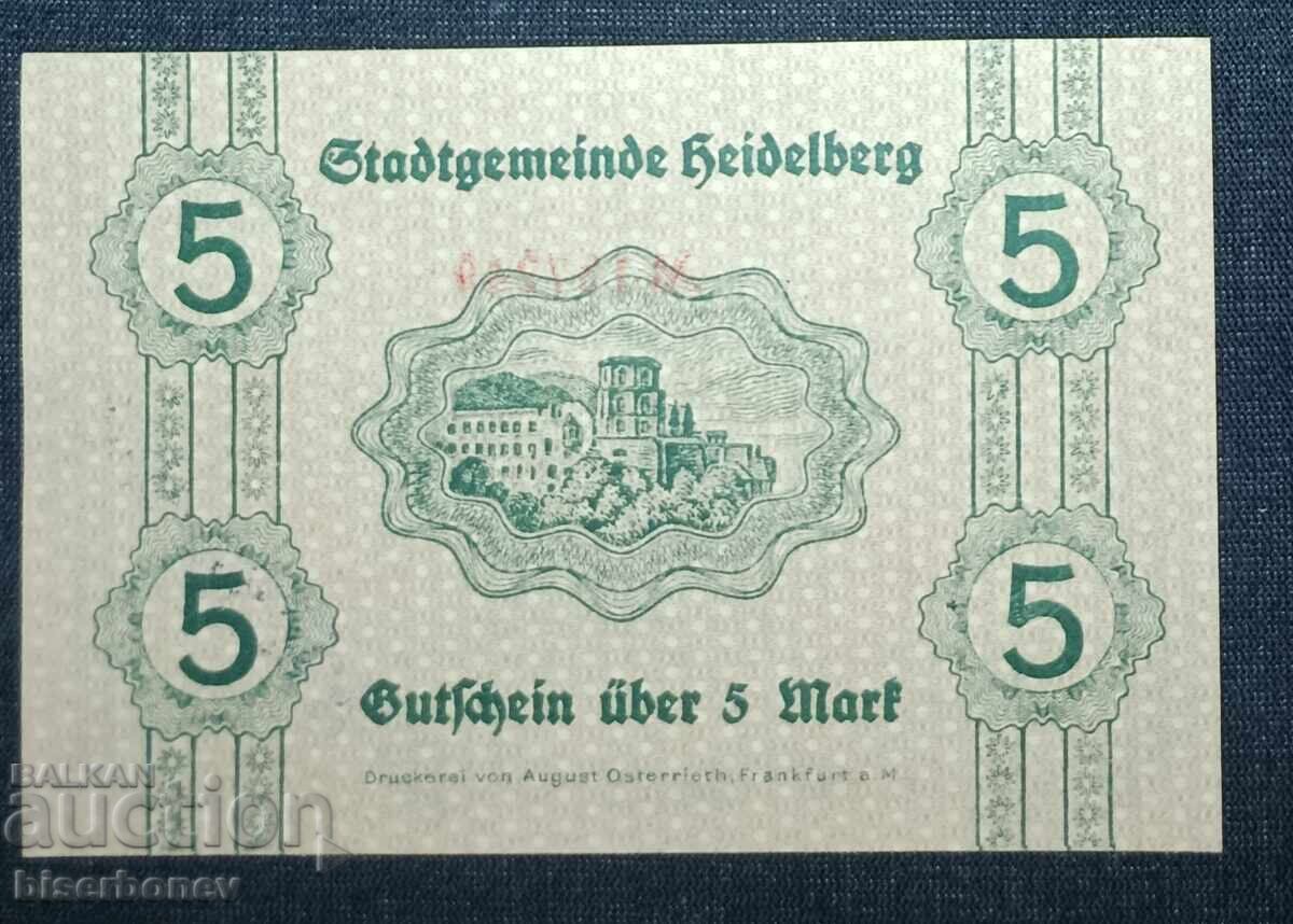 Germania, Heidelberg 5 mărci, 1918, UNC cu preț 17.00 BGN | € 8.69