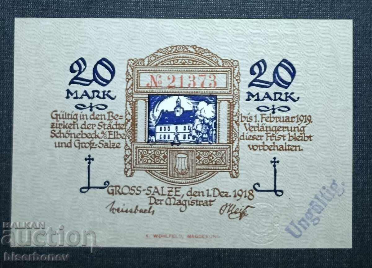 Germania, Germania, Schönebeck 20 mărci, 1918, UNC cu preț 14.00 BGN | € 7.16