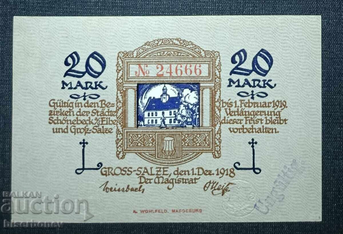 Germania, Germania, Schönebeck 20 mărci, 1918, UNC cu preț 14.00 BGN | € 7.16