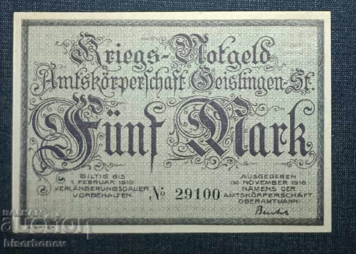 Γερμανία, Γερμανία, Γκάισλινγκεν 5 μάρκα, 1918, UNC Γερμανία, Γερμανία, Γκάισλινγκεν 5 μάρκα, 1918, UNC