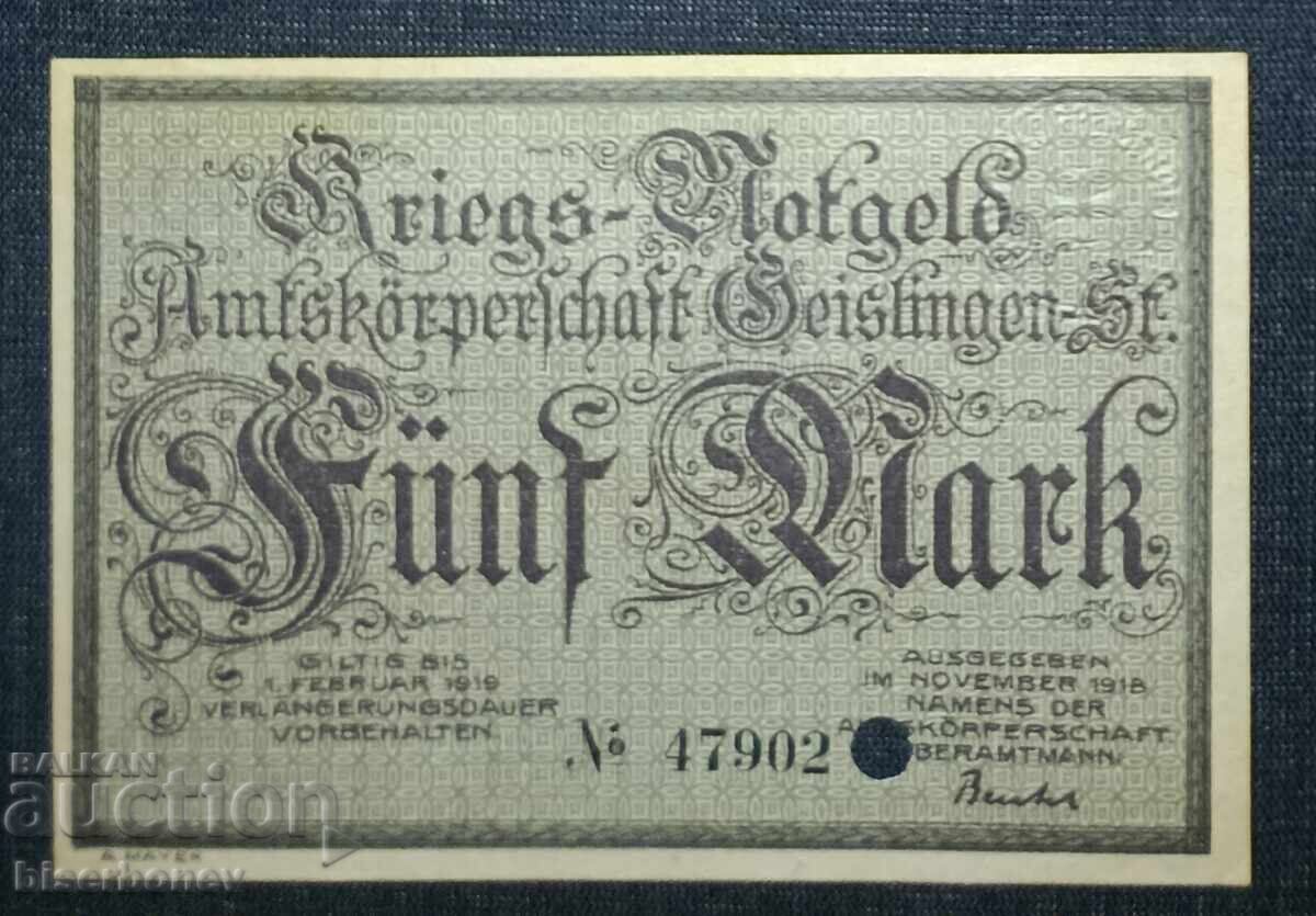 Γερμανία, Γερμανία, Γκάισλινγκεν 5 μάρκα, 1918, UNC Γερμανία, Γερμανία, Γκάισλινγκεν 5 μάρκα, 1918, UNC