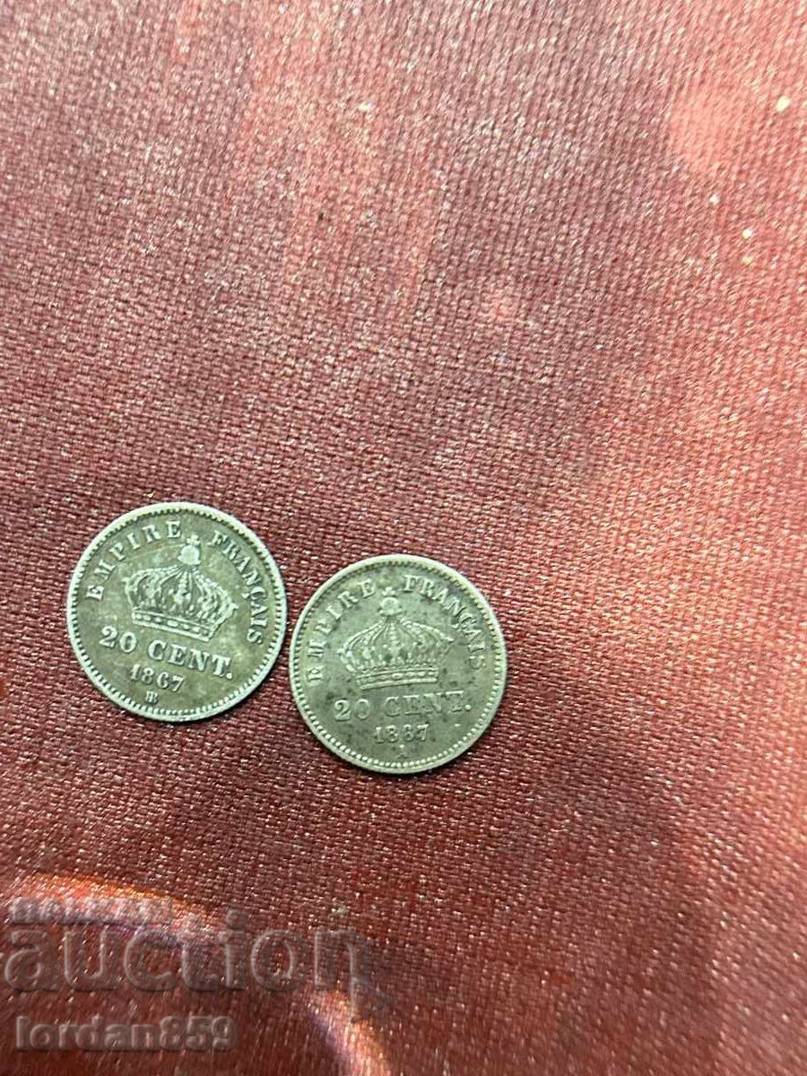Δημοπρασία Λοτ 20 λεπτών 1867 Γαλλία εμπρός και πίσω