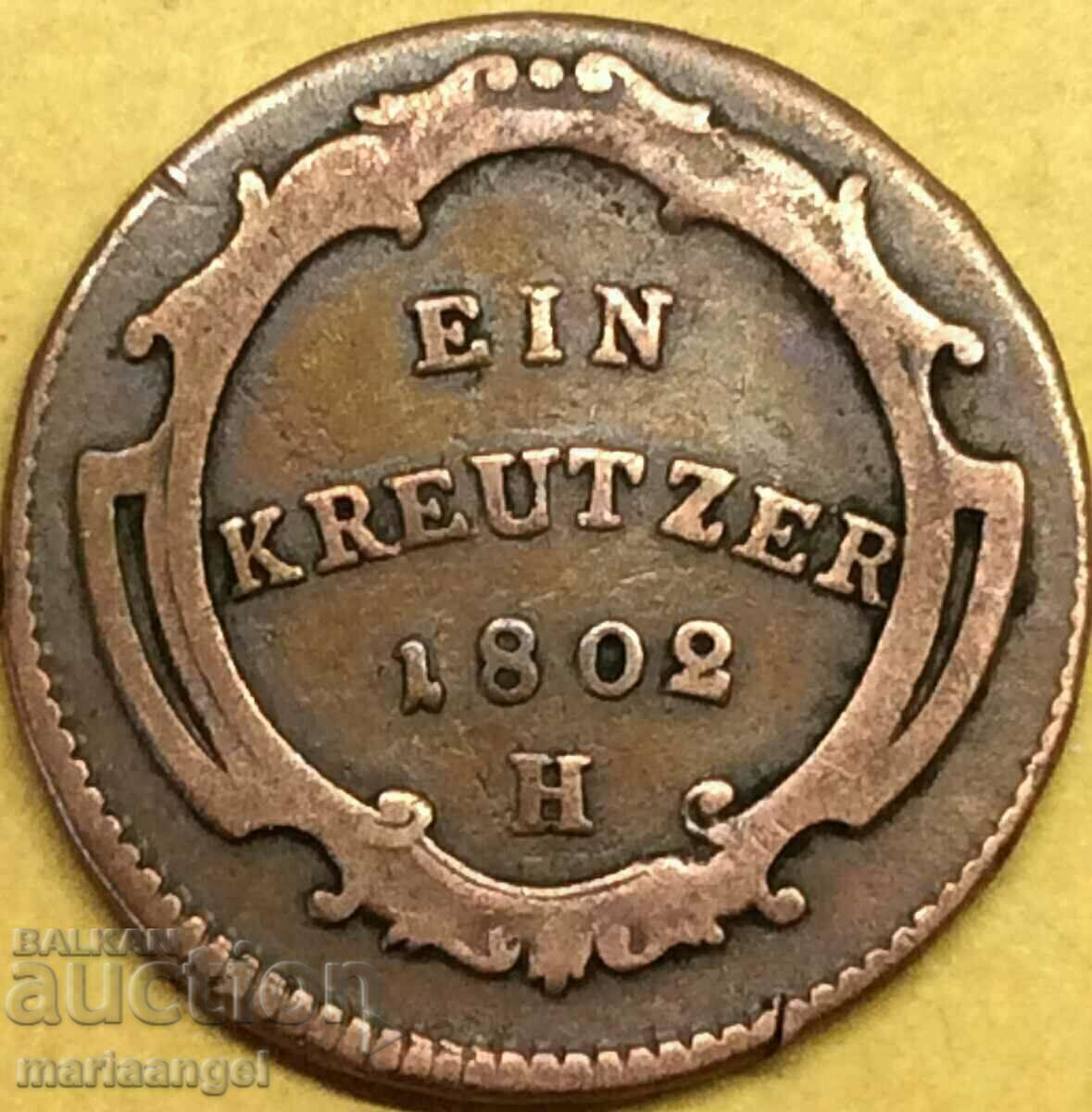 1 kreĭtser 1802 N - Günzburg Austria 24mm cupru
