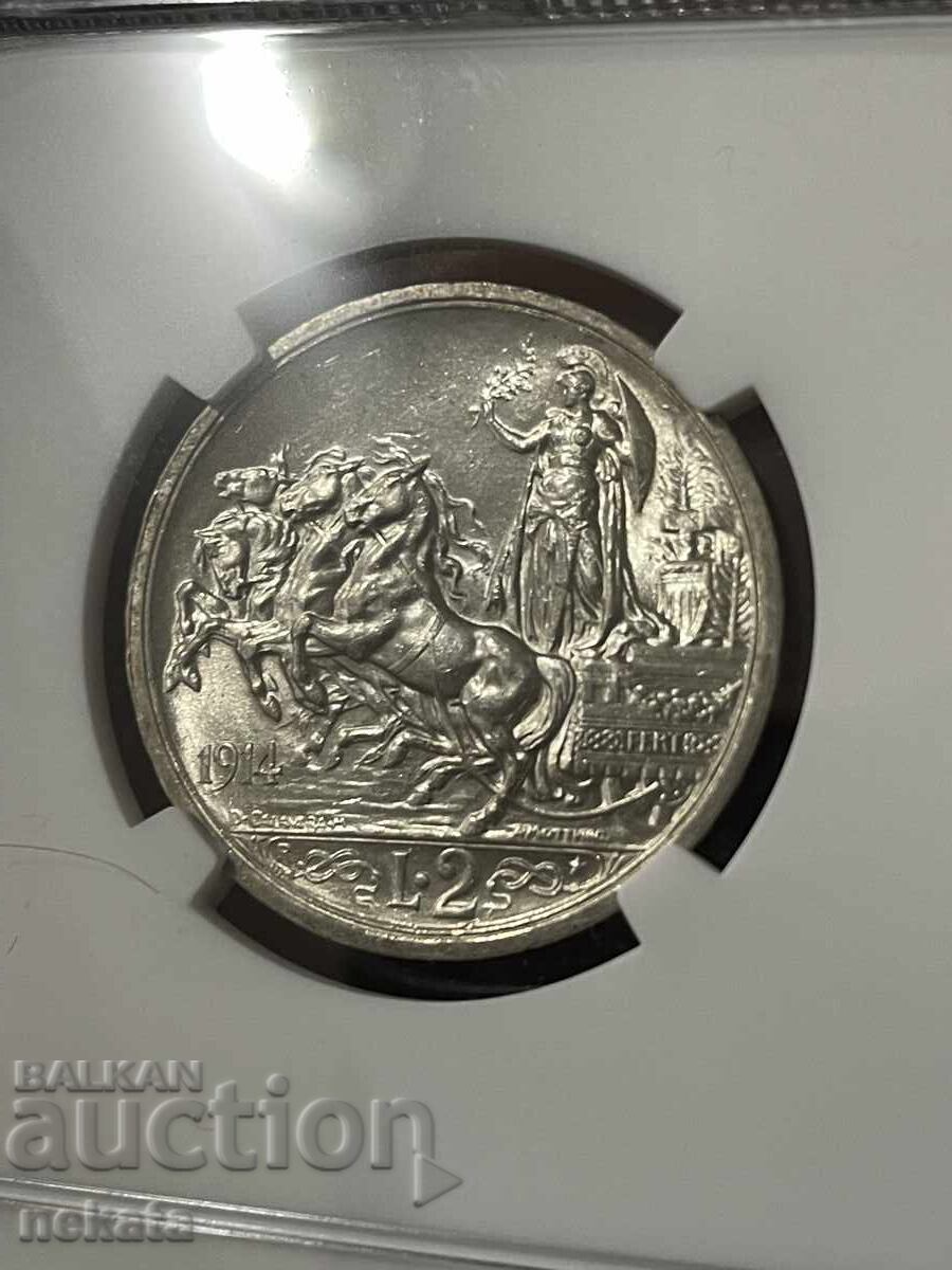 Аукцион Италия, 2 лири 1914 г. MS62 NGC Аукцион Италия, 2 лири 1914 г. MS62 NGC