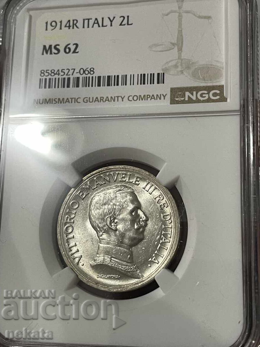 Италия, 2 лири 1914 г. MS62 NGC Италия, 2 лири 1914 г. MS62 NGC