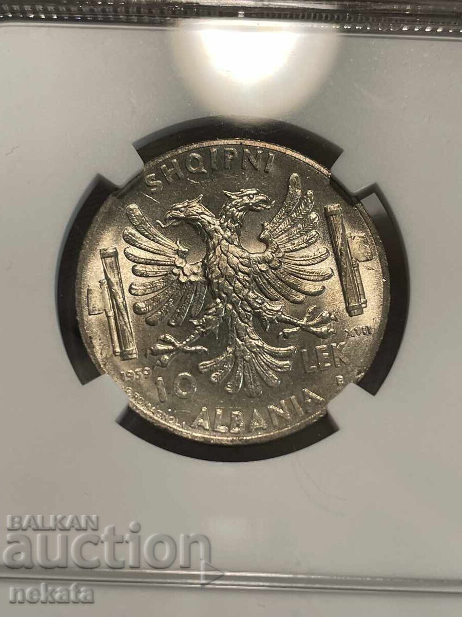 Auction  Albania (Italian Occupation), 10 Leke 1939 MS62 NGC