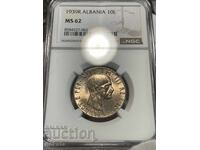 Albania (Ocuație Italiană), 10 Lekë 1939 MS62 NGC